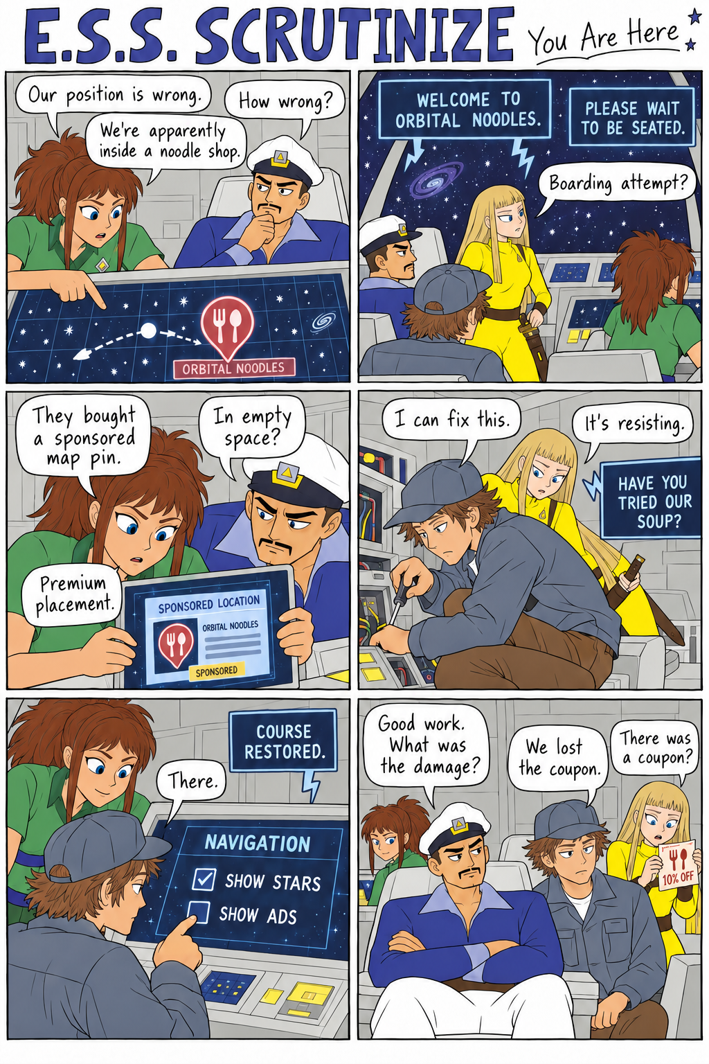 You Are Here: A sponsored noodle-shop map pin disrupts navigation. Reese disables the advertisements.