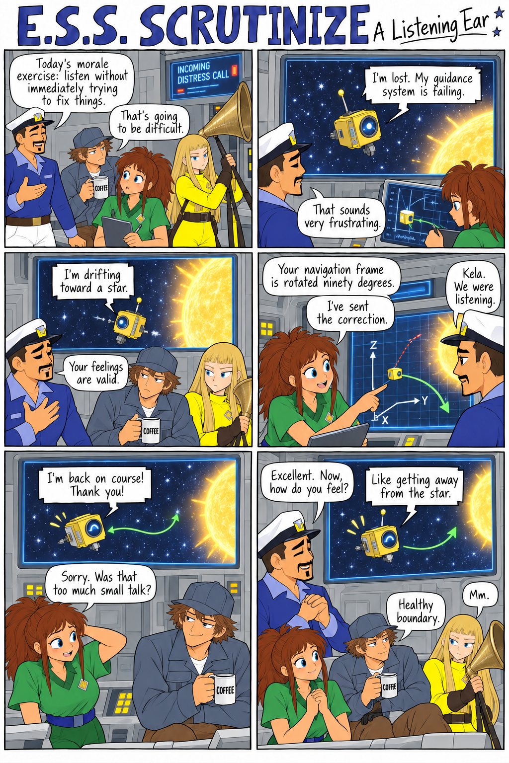 A Listening Ear: Cain offers empathy to a distressed probe while Kela fixes its navigation and saves it from a star.
