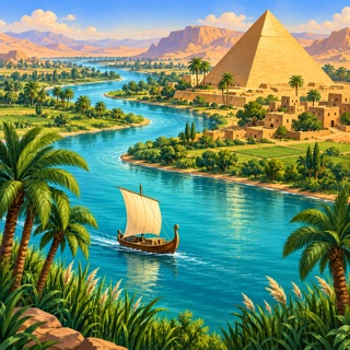 A winding Nile beneath Egyptian pyramids