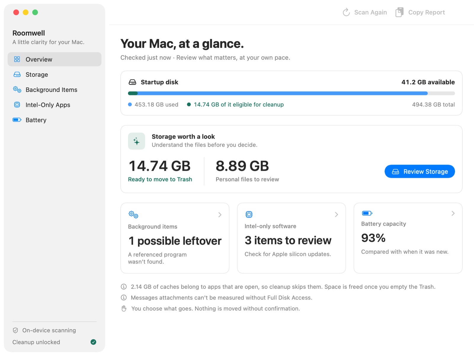Roomwell’s overview: startup disk usage, 14.74 GB ready to move to Trash, one possible leftover, three Intel-only items and 93% battery capacity