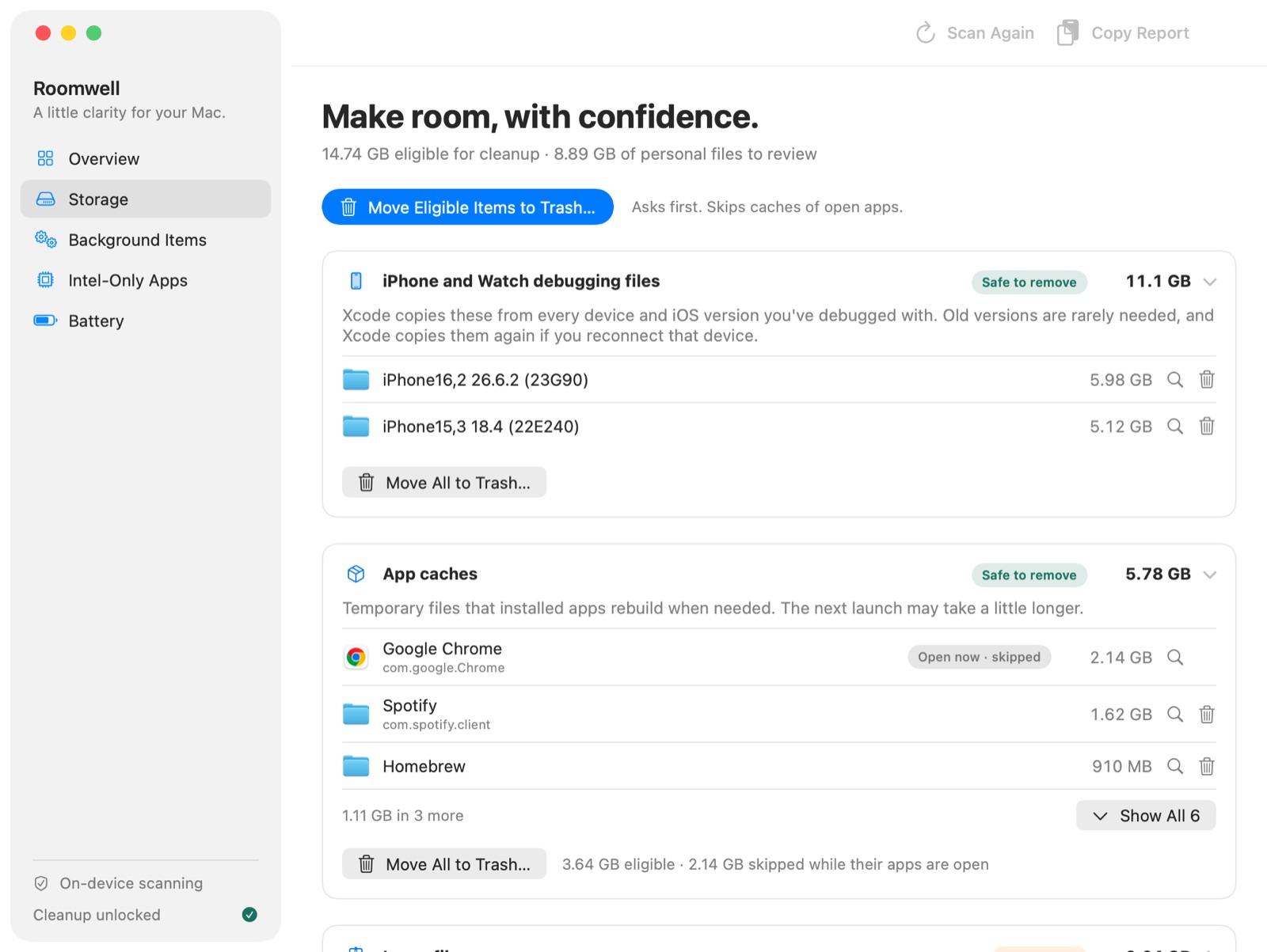 Roomwell’s storage page listing iPhone debugging files and app caches with sizes, safety labels and Move to Trash buttons