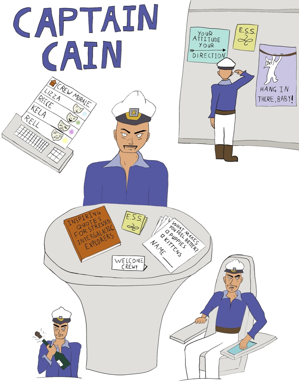 Colored Captain Cain character sheet showing his blue uniform and white cap, crew-morale tracker, inspirational book, and a questionnaire asking whether puppies or kittens make the crew feel better.