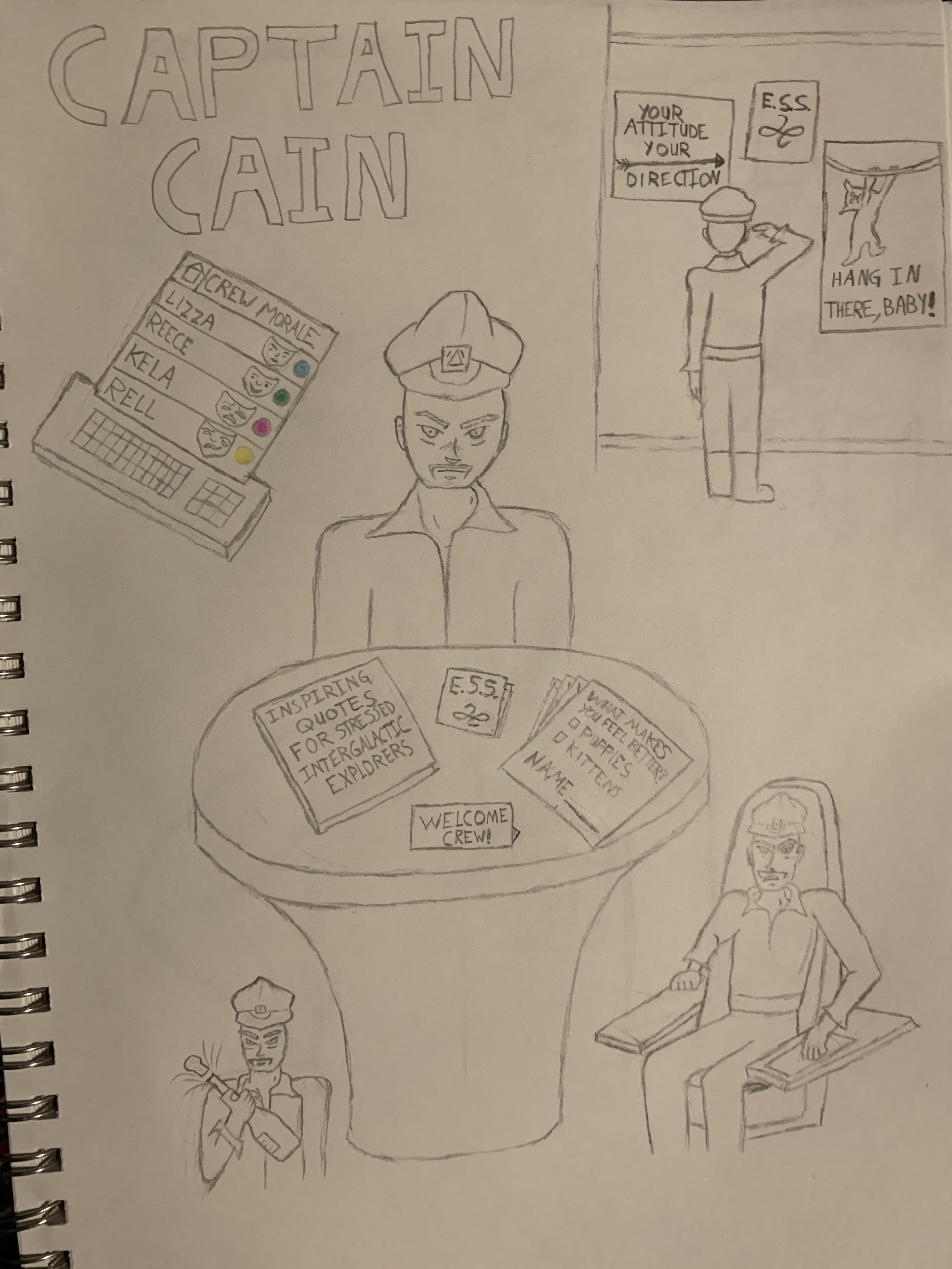 Original pencil character sheet titled Captain Cain: the captain at his desk, sitting in his command chair, opening a bottle, and facing motivational posters, alongside a crew-morale tracker.