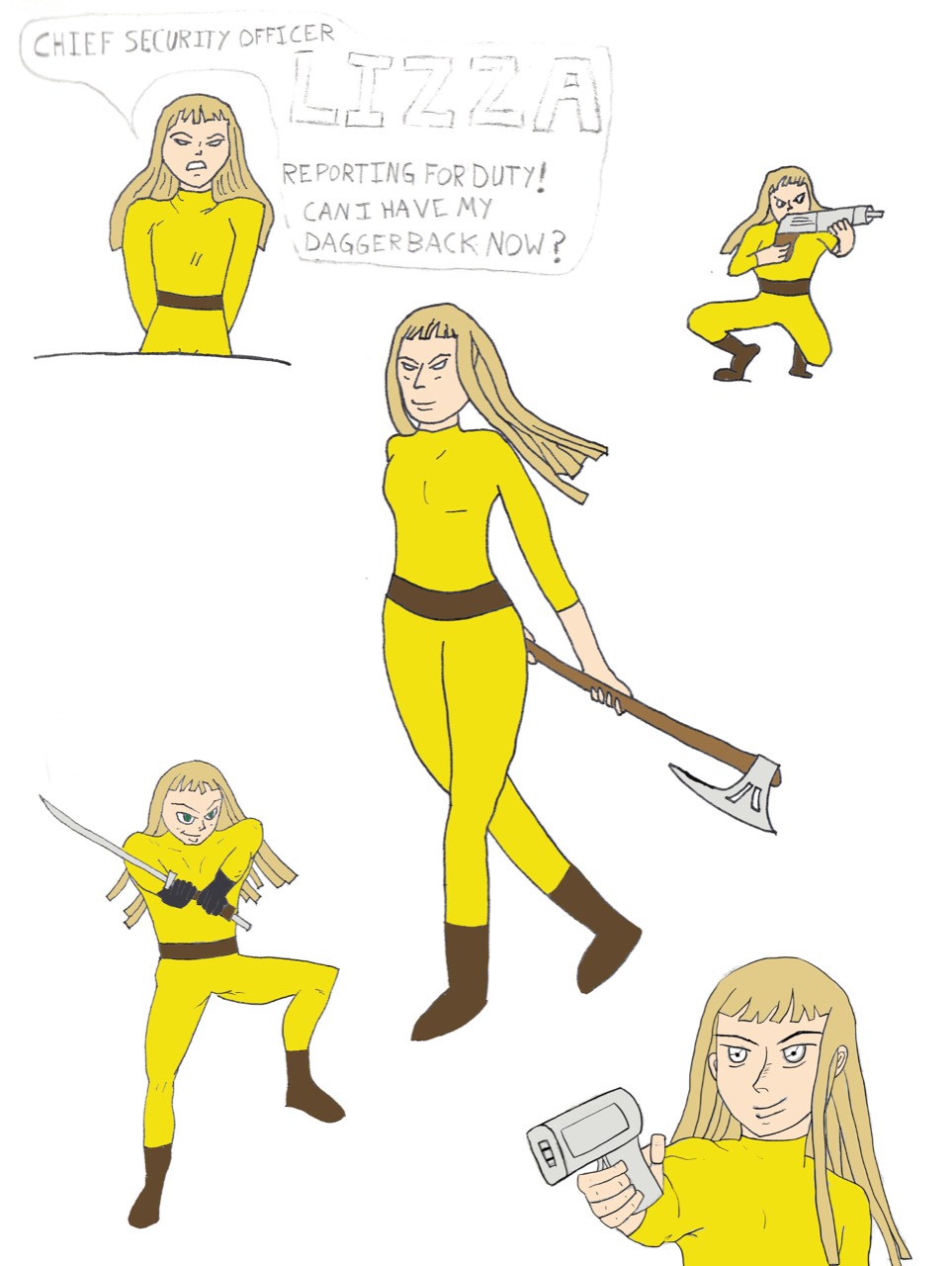 Colored version of Jonathan’s Lizza character sheet, with blonde hair, a bright yellow uniform, brown belt and boots, and the same five character poses.