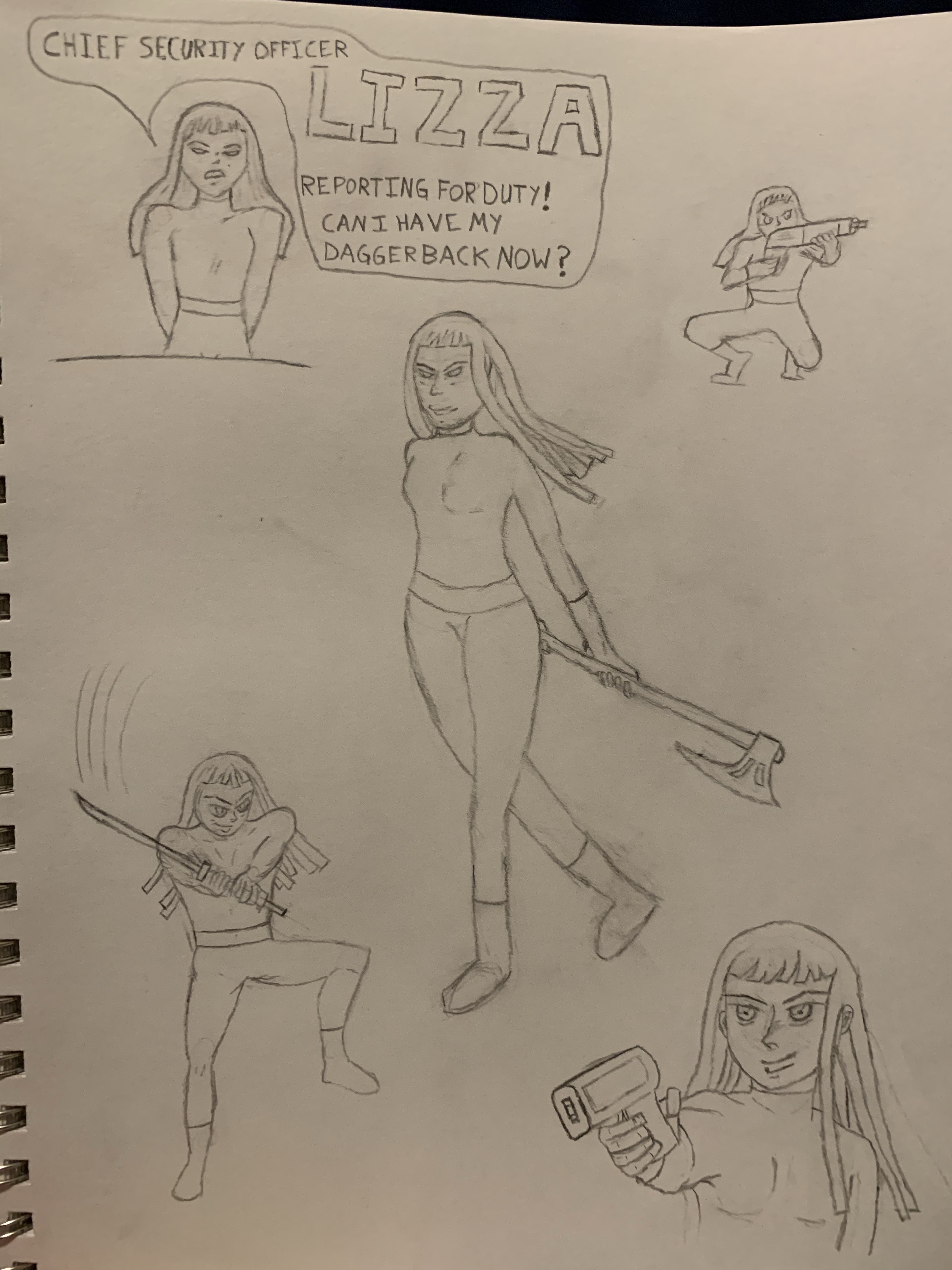 Jonathan’s original pencil character sheet for Chief Security Officer Lizza, showing five poses with an axe, sword, and science-fiction weapons. Her speech bubble asks for her dagger back.