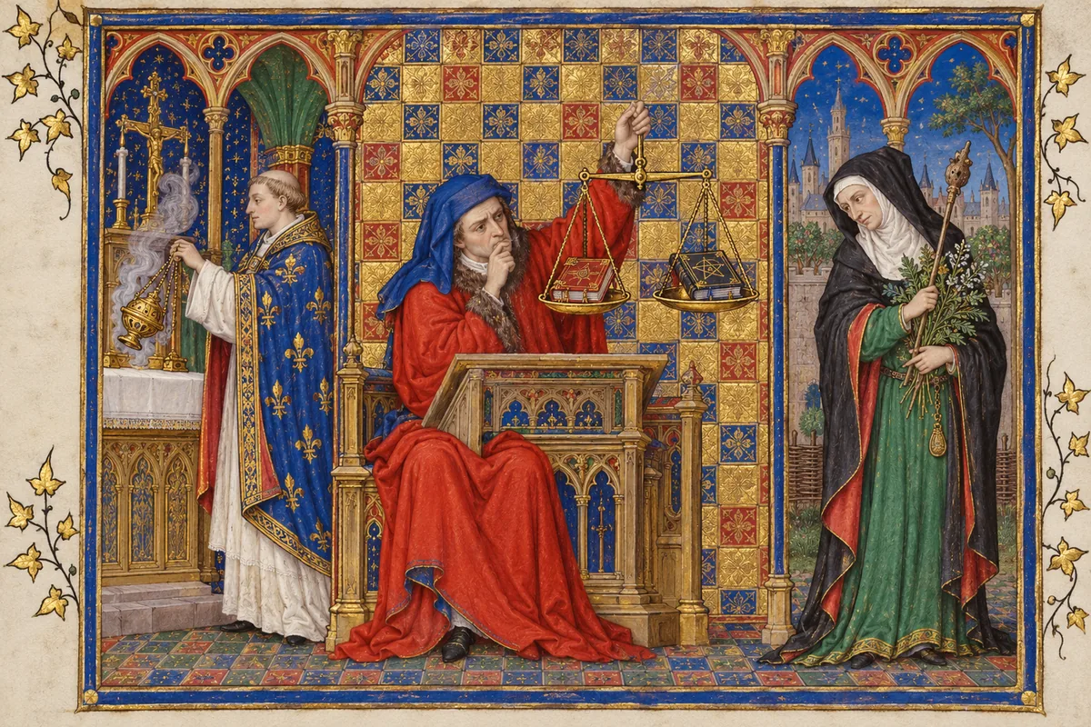 A scholar at a lectern weighs a prayer book against a book of spells on a balance, between a priest swinging a censer and a wise-woman holding herbs and a wand.