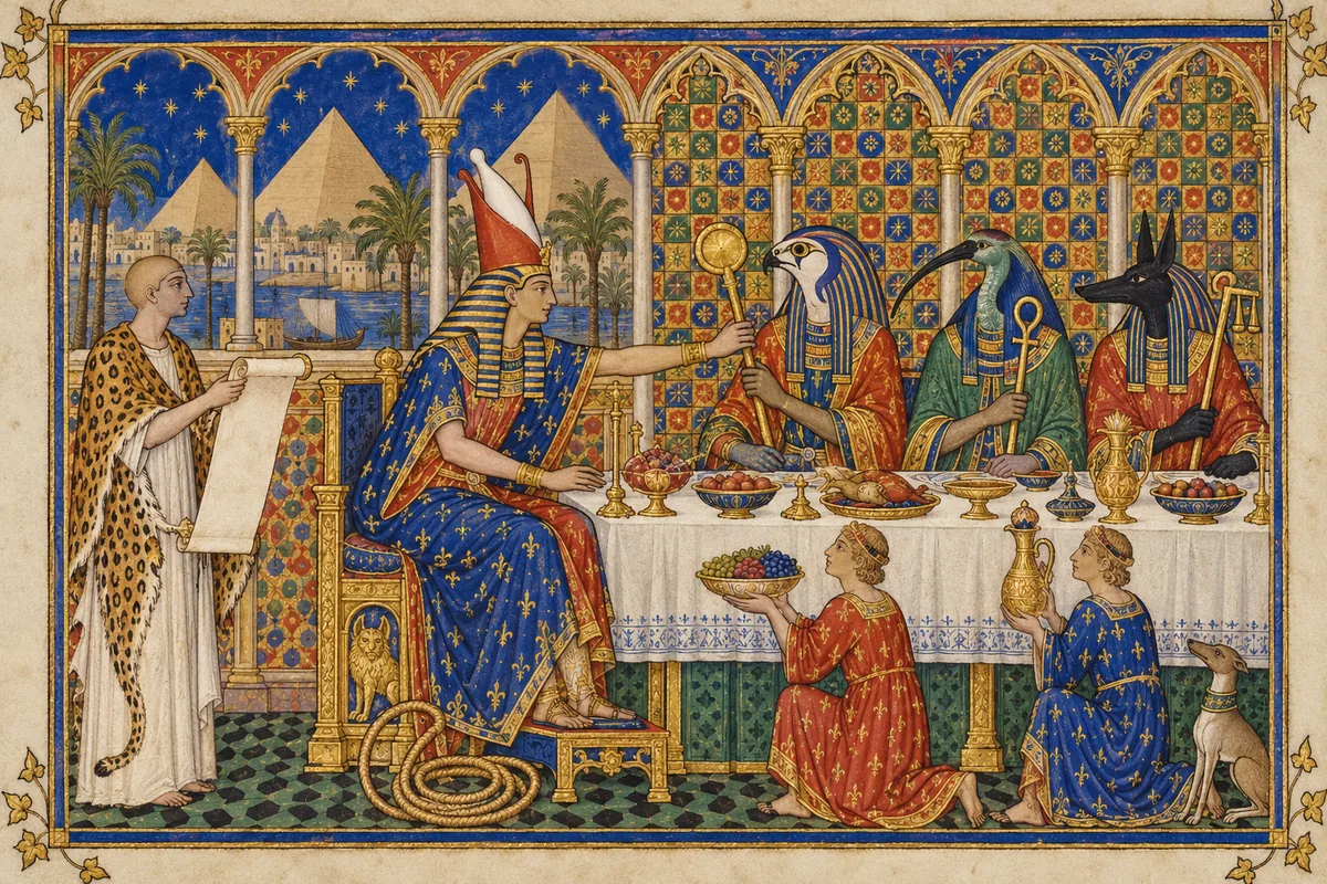 An Egyptian king in the double crown sits at a banquet with gods who have the heads of a falcon, an ibis and a jackal, reaching to take their power, a lasso at his feet, while a lector priest in a leopard skin reads from a scroll; pyramids and palms behind.