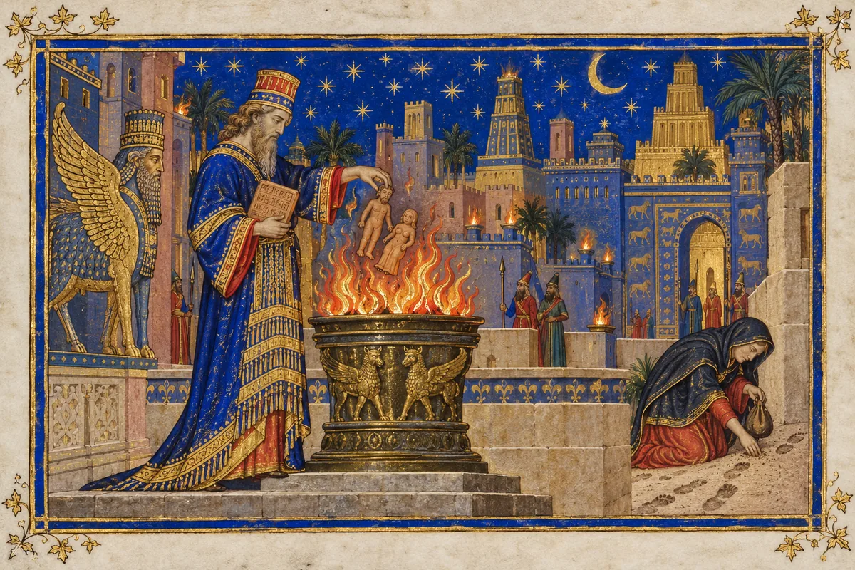 At night in a Babylonian city an exorcist throws clay figurines of a man and a woman into a blazing brazier, holding a clay tablet, while in a corner a cloaked witch scoops dust from a man's footprints.