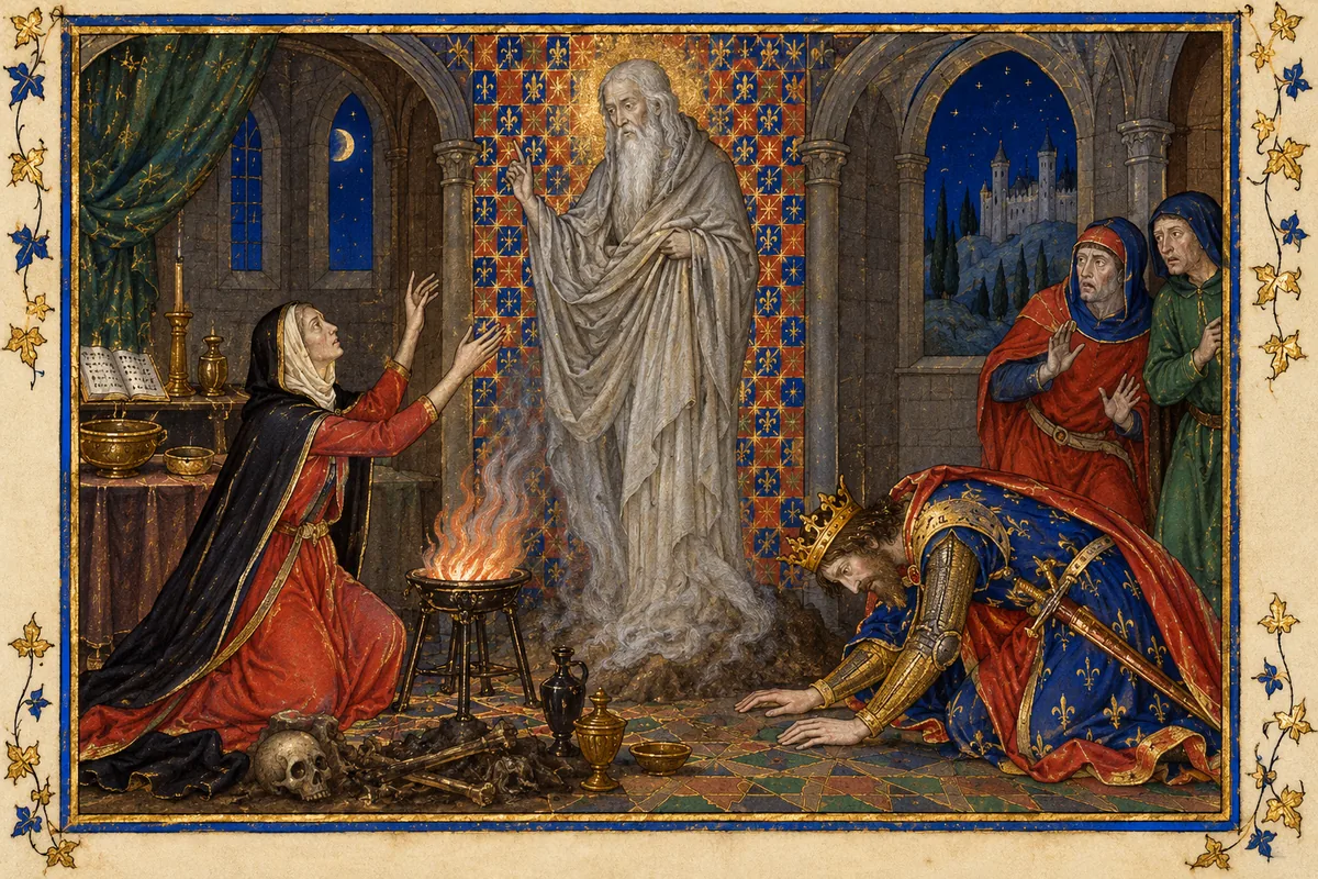 In a stone house at night the woman of Endor kneels by a fire with her arms raised as the ghost of Samuel rises in a grey mantle, and King Saul, crowned and armoured, bows to the ground; two servants watch in fear.
