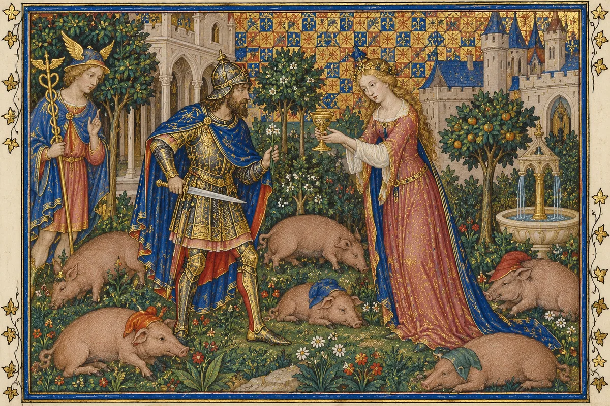 In a castle garden Circe offers her golden cup to the armoured Odysseus, who half draws his sword; his companions lie around them turned into swine, and Hermes with winged cap and staff watches.