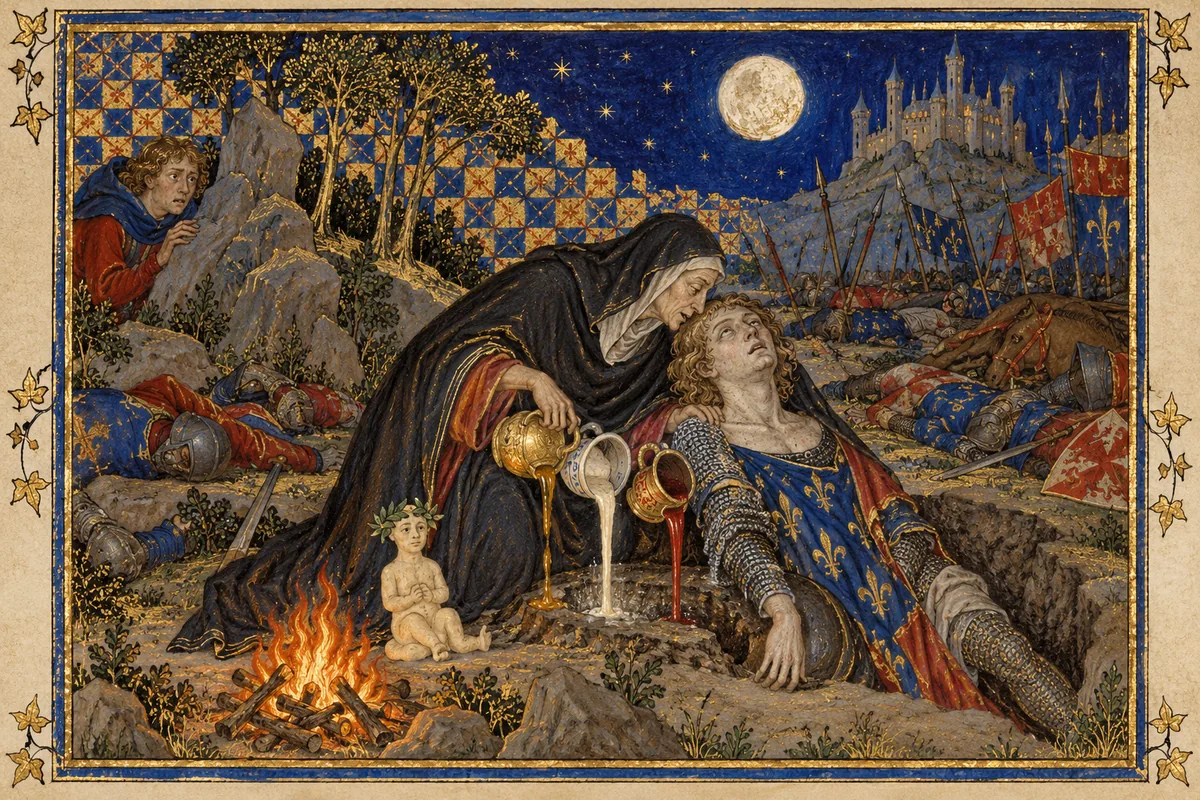 On a battlefield under a full moon an old woman in a dark hood pours offerings into a pit beside a small fire and chants into the ear of her dead son as his body rises; a young man hides behind a rock and watches.