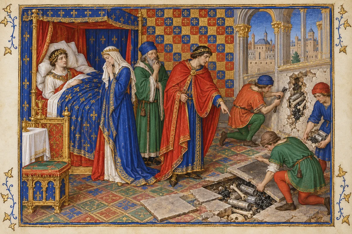 A Roman prince lies sick in a curtained bed while servants break open the walls and lift the floor, finding rolled lead tablets, bones and ashes; a lady, a physician and an official in a red cloak look on.