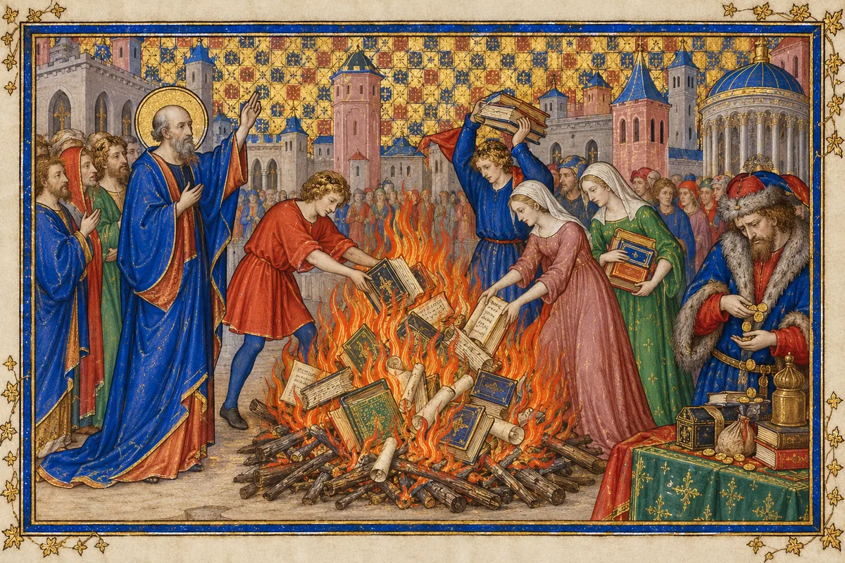 In a city square the apostle Paul raises his hand while men and women throw books and scrolls onto a bonfire, and a merchant counts coins in dismay.