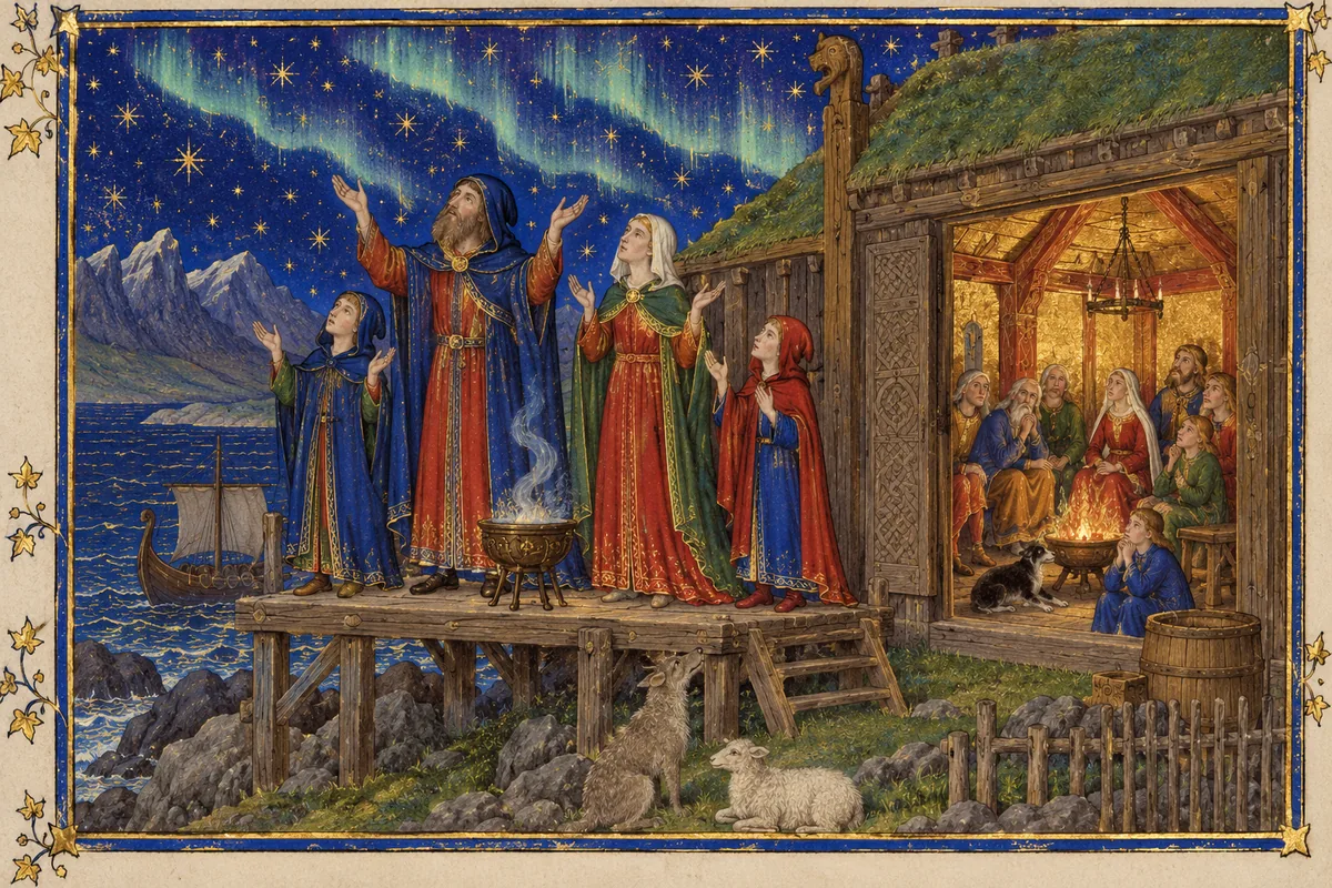 At night outside a turf-roofed Icelandic farm a family of sorcerers chants on a raised wooden platform under the aurora, while the household inside listens awake.