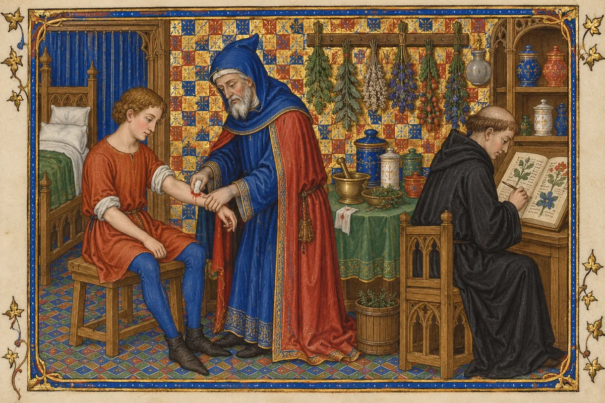 In a monastery infirmary a healer presses his thumb on a cut on a young farmhand's forearm and murmurs a charm, while a monk copies the charm into a herbal.