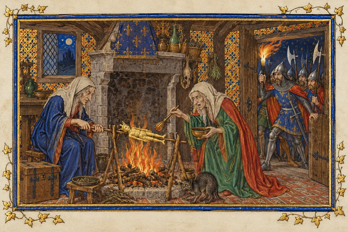 Two old women roast a small wax image of a crowned king on a spit before a fire, one turning and one basting, as soldiers with halberds and a torch break in at the door.