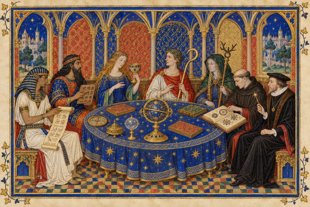 Magicians of many ages sit around a round table comparing books: an Egyptian priest with a scroll, a Babylonian with a tablet, a Greek enchantress with a cup, a Roman augur, a Norse seeress, a monk and an English conjurer in a scholar's gown.