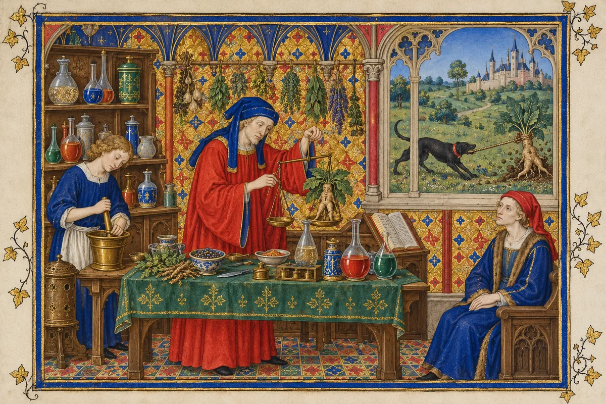 In an apothecary's shop a physician weighs a mandrake root while an assistant grinds herbs and a patient waits; through the window a black dog pulls a mandrake from the ground.