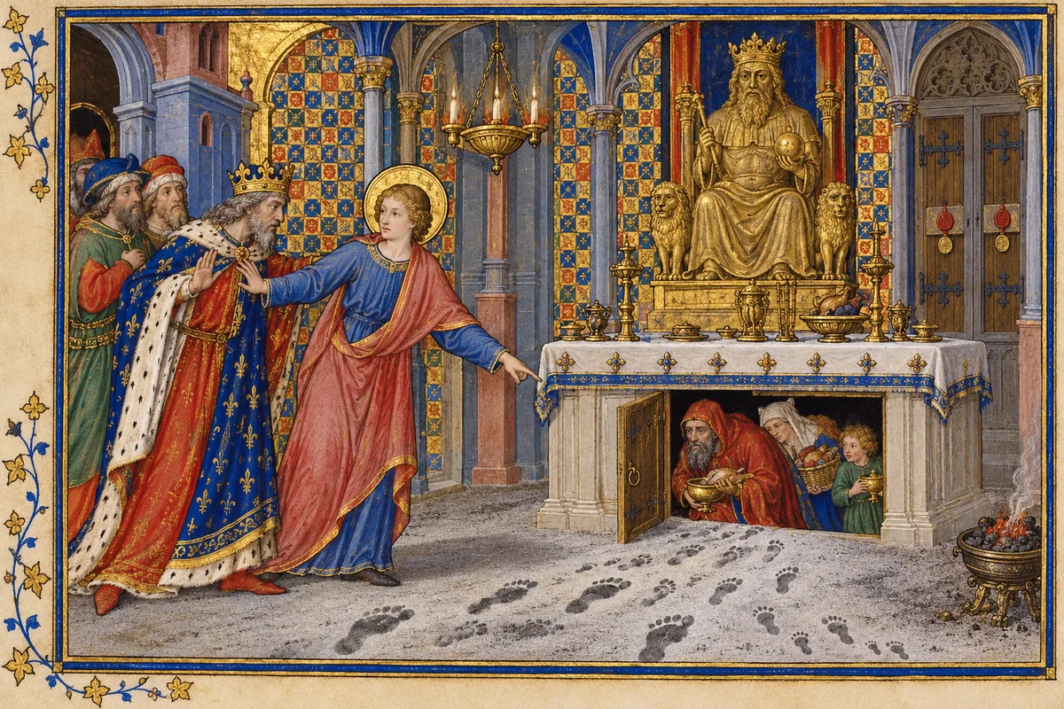 In a lamp-lit temple the young Daniel holds back the king and points to footprints in the ash on the floor leading to a secret door under the altar, where the priests hide with their families; the idol of Bel sits enthroned behind.