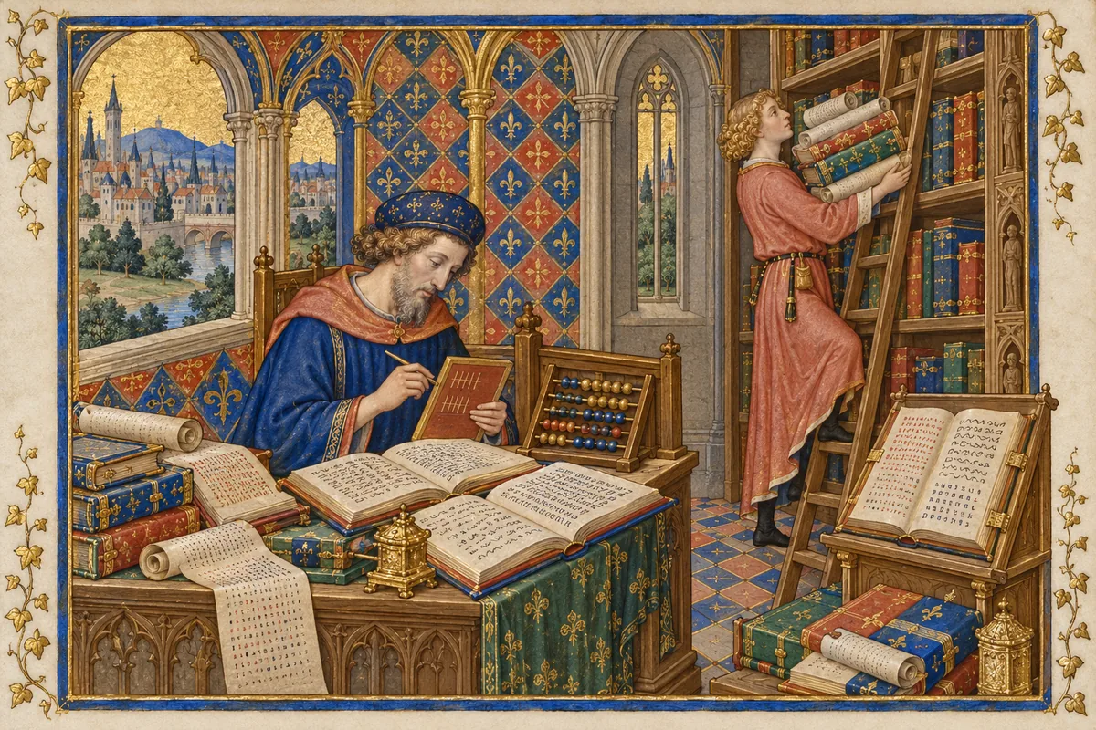 A scribe in a tower library makes tally marks on a wax tablet beside an abacus and open books in many scripts, while an assistant carries scrolls up a ladder.