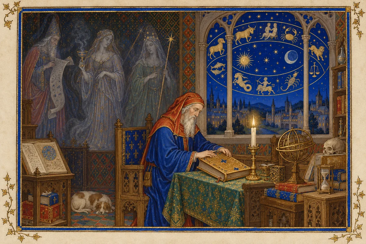 An old scholar closes a great gilded book by candlelight; through the window the zodiac turns in the night sky, and the faint figures of earlier magicians fade in the shadows.