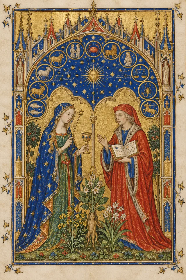 A miniature in the manner of a medieval manuscript: an enchantress with a wand and cup and a scholar with an open book stand beneath a vault of gold stars and the signs of the zodiac, mandrake and lilies at their feet.